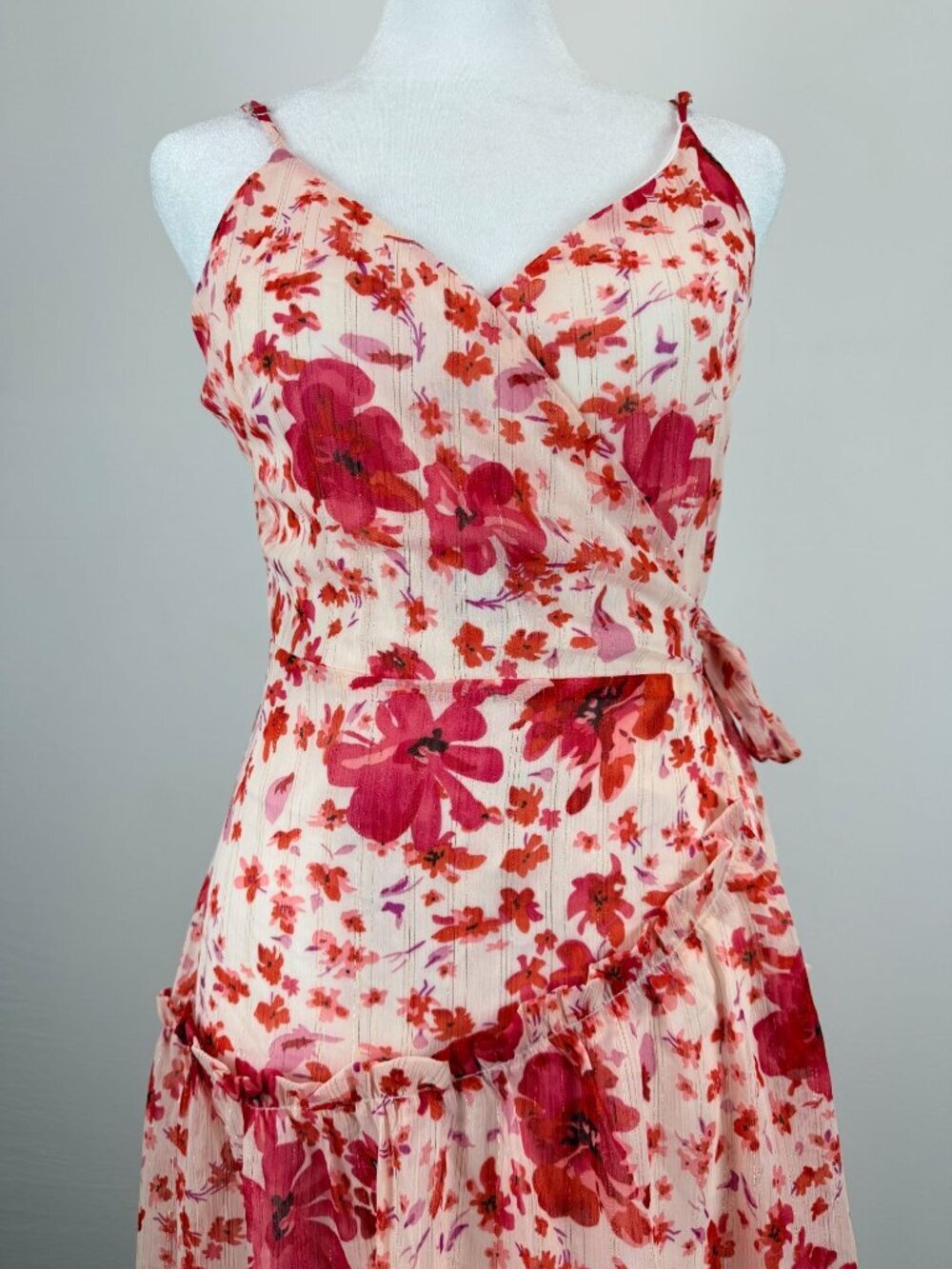 Lulus Womens Size S Pink Floral Wrap Midi Dress Ruffle Sleeveless NWT - Picture 10 of 16